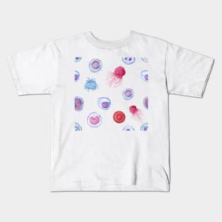 Cute WBC white blood cells MicroBiology Seamless Pattern Sticker Pack. Kids T-Shirt